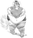 anthro blush bodily_fluids bottomwear breasts clothing female hair hotpants morbidly_obese morbidly_obese_anthro morbidly_obese_female navel obese obese_anthro obese_female overweight overweight_anthro overweight_female ponytail shorts solo sweat thick_thighs wide_hips mk_artichoke domestic_cat felid feline felis mammal 2022 black_and_white hi_res monochrome shaded