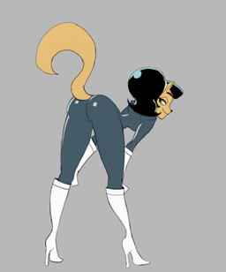 anthro armwear bent_over big_butt black_hair bodysuit boots butt clothing elbow_gloves eyelashes female footwear fur gloves green_eyes grey_background grey_bodysuit grey_clothing grey_skinsuit hair handwear high_heeled_boots high_heels knee_boots knee_highs legwear looking_back rear_view shoes simple_background skinsuit smile solo tan_body tan_fur thick_thighs tight_clothing white_boots white_clothing white_footwear white_gloves white_handwear wide_hips amugea nickelodeon t.u.f.f._puppy kitty_katswell domestic_cat felid feline felis mammal 2019 hi_res