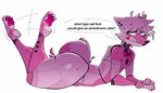 anthro arm_support big_butt bodily_fluids bow_tie butt complaining dialogue fangs femboy hair head_tuft humor looking_at_butt looking_back lying machine male on_front paws pink_body profanity question_mark sharp_teeth side_view simple_background small_waist solo sweat teeth text thick_thighs tuft white_background wide_hips yellow_eyes xexeezy five_nights_at_freddy's scottgames sister_location funtime_foxy_(fnaf) animatronic canid canine fox mammal robot robot_anthro 2024 digital_media_(artwork) english_text hi_res unavailable_at_source