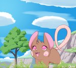 big_ears blue_sky brown_body brown_fur cloud detailed_background female feral field fur grass hill long_tail looking_up open_mouth outside pink_eyes plant sky solo standing tail tree milachu92 milachu mammal murid murine rodent wood_mouse absurd_res hi_res signature