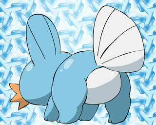 ambiguous_gender ass_up blue_background blue_body featureless_crotch feral fin glistening glistening_body orange_body pattern_background rear_view simple_background solo standing tail tail_fin white_background white_body pichu90 nintendo pokemon generation_3_pokemon mudkip pokemon_(species) 2014
