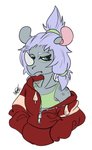 accessory anthro blue_eyes clothed clothing femboy freckles hair hair_accessory hoodie horn makeup male purple_hair resting_bitch_face solo topwear novacantnames nikolai_zaccarin mammal rhinoceros