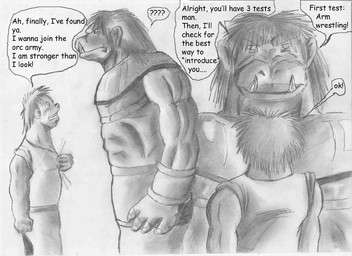 bottomwear clothed clothing dialogue duo frown hair male male/male muscular pants question_mark shirt size_difference smile standing teeth text topwear tusks bigbadbear ragor_(bigbadbear) human humanoid mammal orc comic english_text graphite_(artwork) monochrome multiple_scenes traditional_media_(artwork)