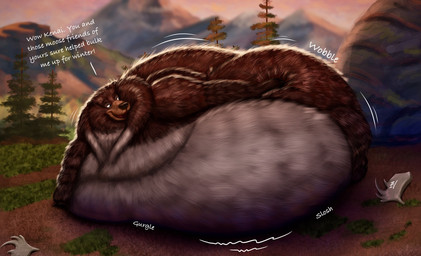 antlers belly big_belly big_butt butt dialogue digestion digestion_noises feral forest fur hand_on_butt horn immobile looking_back lying male morbidly_obese morbidly_obese_feral morbidly_obese_male mountain nude obese obese_feral obese_male on_front open_mouth outside overweight overweight_feral overweight_male plant smile soft_vore solo sound_effects text tree vore ian-exe brother_bear disney tug_(brother_bear) bear mammal 2026 hi_res signature