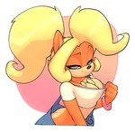 anthro bedroom_eyes breasts butt_cleavage cleavage clothed clothing clothing_pull fang_necklace female jewelry looking_at_viewer narrowed_eyes necklace overalls seductive shirt shirt_pull solo topwear topwear_pull bigdad activision crash_bandicoot_(series) coco_bandicoot bandicoot mammal marsupial 2022