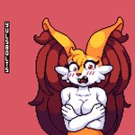 anthro blush blush_lines breasts covering covering_breasts covering_self embarrassed female looking_at_viewer nude open_mouth simple_background solo surprise surprised_expression lucyfercomic yulsbolts nintendo pokemon bray_(lucyfercomic) braixen generation_6_pokemon pokemon_(species) 1:1 digital_media_(artwork) half-length_portrait pixel_(artwork) portrait