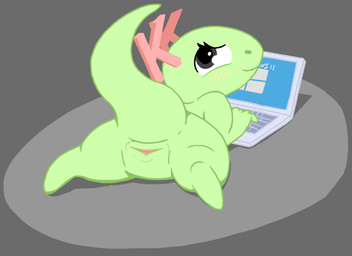 animal_genitalia anthro blush cloaca computer electronics female genitals horizontal_cloaca horn laptop looking_at_viewer looking_back looking_back_at_viewer lying on_front raised_tail solo tail tailbutt thick_tail cap'n kde linux microsoft microsoft_windows mythology windows_11 katie_(kde) dragon mythological_creature mythological_scalie scalie hi_res