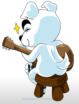 acoustic_guitar anthro biped butt casual_nudity floppy_ears fur furniture guitar looking_at_viewer looking_back male musical_instrument narrowed_eyes nude pawpads paws plucked_string_instrument sitting smile solo squint stool string_instrument burdnurd animal_crossing nintendo k.k._slider canid canine canis domestic_dog mammal