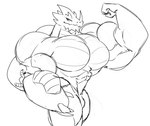 abs anthro big_pecs cybernetics horn huge_pecs machine male muscular muscular_anthro muscular_male pecs simple_background smile solo spikes spikes_(anatomy) dragmon bandai_namco digimon cyborg dorbickmon digital_media_(artwork) guide_lines hi_res monochrome sketch