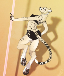 4_toes anthro bra breasts brown_pawpads butt claws clothed clothing dancing digitigrade feet female fur furgonomics hindpaw inside lingerie looking_at_viewer looking_back markings multicolored_body multicolored_fur neck_tuft panties pawpads paws pole pole_dancing shadow simple_background solo spots spotted_body spotted_fur tail tail_clothing toe_claws toes tuft underwear whiskers yellow_eyes ctrl_alt_nut cheetah felid feline mammal 2015 digital_media_(artwork) hi_res