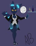 anthro beverage big_breasts bow_tie breasts clothing dialogue female footwear glowing glowing_eyes high_heels magician psychic shoes smile speech_bubble text aurabutt nintendo pokemon zee_(aurabutt) eeveelution generation_2_pokemon pokemon_(species) shiny_pokemon umbreon absurd_res english_text hi_res