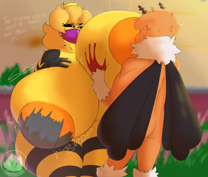 anthro big_breasts bodily_fluids breasts duo female hand_on_breast huge_breasts hyper hyper_breasts lactating lactation_denial male nude text unusual_bodily_fluids unusual_lactation flam3s melly_(flam3s) arthropod bee hymenopteran insect lepidopteran moth absurd_res hi_res