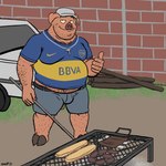 anthro asado barbecue body_hair bottomwear clothing crucifix food gesture hand_gesture hat headgear headwear male meat overweight overweight_male pork ribs sausage shorts soccer_uniform solo sportswear thumbs_up uniform nanoff boca_juniors nike joe_(nanoff) domestic_pig mammal suid suina sus_(pig) 1:1 hi_res