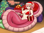 apode big_breasts blush bottomless breasts christmas_clothing christmas_headwear christmas_tree clothed clothing female fingers gift hair hat headgear headwear holidays legless looking_at_viewer monster_girl_(genre) navel nipple_outline open_mouth pink_body pink_hair pink_scales plant pupils santa_hat scales serpentine slit_pupils smile split_form tree allbeatnik christmas monster_musume miia_(monster_musume) draconcopode lamia reptile scalie snake