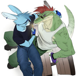 anthro biceps cigarette duo fingers male male/male muscular muscular_male smoking triceps ppaljang five_nights_at_freddy's five_nights_at_freddy's:_security_breach scottgames steel_wool_studios glamrock_bonnie_(fnaf) montgomery_gator alligator alligatorid crocodilian lagomorph leporid mammal rabbit reptile scalie 2025 digital_media_(artwork) hi_res