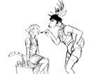 anthro applying_makeup clothed clothing crossdressing dress duo lipstick makeup male personal_grooming sitting hladilnik deer_admiral_(hladilnik) ship's_catboy_(hladilnik) deer domestic_cat felid feline felis mammal 2024 black_and_white comic hi_res monochrome