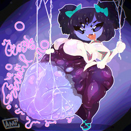 accessory anthro belly big_belly big_breasts bodily_fluids breasts clothing cosplay crossover_cosplay fangs female female_pred fully_inside huge_belly huge_breasts multi_arm multi_eye multi_limb obese obese_anthro obese_female open_mouth overweight overweight_anthro overweight_female solo teeth thick_thighs vore cami_gz undertale undertale_(series) muffet arachnid arthropod spider 1:1 2025 crossover digital_media_(artwork)