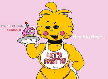 anthro big_breasts blush breasts clothing dialogue duo female food fur male male/female navel panties sharp_teeth teeth thick_thighs underwear yellow_body yellow_fur bawnzybun five_nights_at_freddy's five_nights_at_freddy's_2 scottgames cupcake_(fnaf) toy_chica_(fnaf)