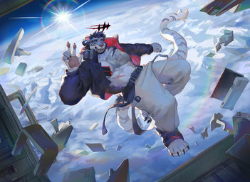 anthro barazoku beard big_muscles bottomwear clothing cloud facial_hair gesture hair hand_gesture jacket male muscular muscular_anthro muscular_male one_eye_closed pants scar solo sun topwear v_sign bangroad felid mammal pantherine tiger 2025 detailed hi_res