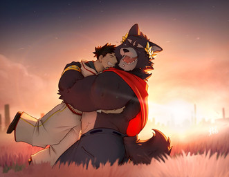 anthro bottomwear clothing duo fur hug male pants size_difference sunset tail nclr adastra adastra_(series) echo_project amicus_(adastra) marco_(adastra) canid canine canis human mammal wolf absurd_res hi_res