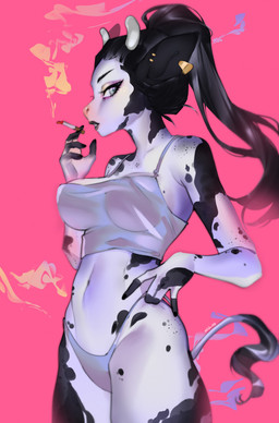 5_fingers anthro big_breasts black_body black_fur black_hair black_lips black_nails breasts cigarette clothing colored_nails ear_piercing eyelashes female fingerless_(marking) fingers freckles fur grey_eyes hair hand_on_hip holding_cigarette holding_object horn lips long_hair looking_aside looking_at_viewer markings multicolored_body multicolored_fur nails navel nipple_outline panties piercing pink_background pink_nose ponytail raised_arm shirt simple_background smoke smoking solo standing tail tail_tuft tank_top teeth topwear tuft two_tone_body two_tone_fur underwear white_body white_fur white_horn alshir0 sinclair_(rubysoho) bovid bovine mammal digital_media_(artwork) hi_res shaded signature