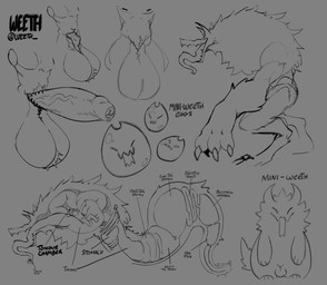 animal_genitalia anthro ball_tuft balls big_balls big_hands big_penis chibi claws cross_section egg fluffy fully_inside genitals huge_balls huge_penis hyper hyper_balls hyper_genitalia hyper_penis male male_pred penis sheath smile solo text tongue tongue_out tuft vore weeth canid canine canis mammal monster wolf absurd_res english_text hi_res monochrome