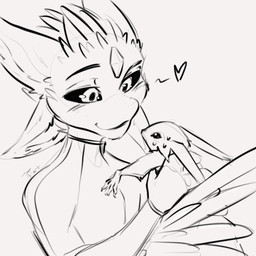3_fingers 4_ears ambiguous_gender anthro black_sclera bodily_fluids bodysuit clothing eyebrows feathers feral fingers heart_symbol holding_animal larger_anthro looking_at_another male multi_ear simple_background size_difference skinsuit solo sweat sweatdrop tight_clothing white_background winged_arms wings dusty_tbt benze avali mammal rodent sciurid tree_squirrel 1:1 2025 digital_media_(artwork) hi_res monochrome signature sketch