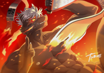anthro asian_clothing athletic athletic_anthro athletic_male brown_body brown_fur clothed clothing east_asian_clothing fire fundoshi fundoshi_only fur hair japanese_clothing looking_at_viewer male navel red_eyes solo topless underwear underwear_only white_hair chuurow lifewonders tokyo_afterschool_summoners tadatomo_(tas) canid canine canis domestic_dog mammal absurd_res hi_res