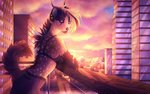 anthro breasts city day detailed_background ear_piercing ear_ring eyebrows eyelashes female horn outside piercing ring_piercing sky smile solo standing lynjox hybrid hyena mammal spotted_hyena 16:10 2019 digital_media_(artwork) hi_res widescreen