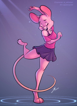action_pose anthro big_ears bottomwear bra_strap clothed clothing eyes_closed female fur long_tail off_shoulder on_one_leg open_mouth pink_body pink_fur pose raised_leg shirt skirt solo standing tail thin_tail topwear psicoyote mammal murid murine rodent hi_res