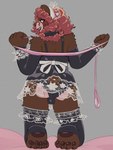 anthro black_clothing brown_body brown_fur bulge butt claws clothing collar femboy fur hair holding_leash holding_object holding_own_leash kneeling leash looking_at_viewer looking_back looking_back_at_viewer maid_headdress maid_uniform male open_mouth pawpads pink_leash simple_background smile solo uniform cinnamimi samantha_(cinnamimi) bear mammal 2023 digital_media_(artwork) hi_res