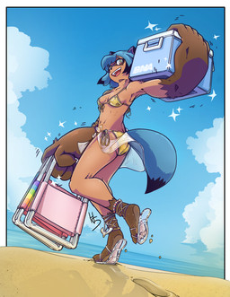 alternate_form anklet anthro beach big_arms big_hands bikini blue_hair breasts brown_body brown_fur butt claws cleavage clothed clothing cooler day dipstick_tail facial_markings feet female folding_chair footwear fur gloves_(marking) gold_bikini hair head_markings holding_chair holding_cooler huge_hands jewelry leg_markings looking_at_viewer looking_back looking_back_at_viewer low-angle_view markings mask_(marking) open_mouth open_smile orange_body orange_fur sand sarong sea side-tie_bikini sky small_breasts smile socks_(marking) soles solo sparkles string_bikini swimwear tail tail_markings toes translucent translucent_clothing translucent_footwear translucent_sandals two-piece_swimsuit walking water high5art brand_new_animal golden_week studio_trigger michiru_kagemori canid canine mammal raccoon_dog tanuki 2025 absurd_res digital_drawing_(artwork) digital_media_(artwork) full-length_portrait hi_res portrait signature