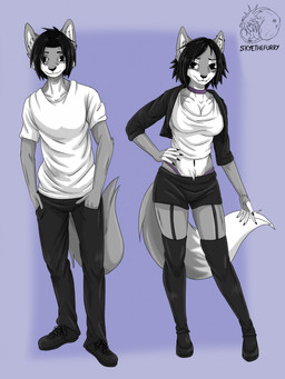 anthro anti-eyebrow_piercing black_eyes black_hair black_nose choker clothing duo ear_piercing female fur grey_body grey_fur hair industrial_piercing jewelry male nails necklace piercing white_body white_fur allartskye skye_(allartskye) sphynx_(allartskye) canid canine canis mammal wolf hi_res brother_(lore) brother_and_sister_(lore) sibling_(lore) sister_(lore)