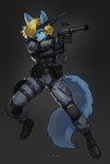 action_pose anthro blonde_hair blue_body blue_fur clothed clothing cosplay countershading female fully_clothed fur gun hair kerchief mk._23 pose ranged_weapon simple_background sneaking_suit solo tactical_gear uniform weapon yellow_eyes pgm300 konami metal_gear solid_snake victoria_voss canid canine fox mammal absurd_res digital_media_(artwork) hi_res shaded