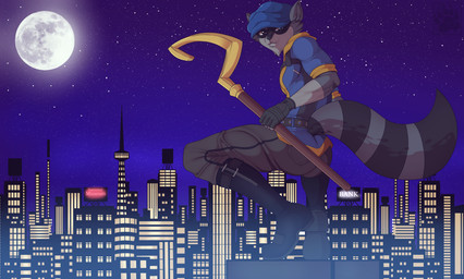 anthro belt black_body black_fur boots bottomwear butt butt_pose cane city clothed clothing crook crouching detailed_background facial_markings fingerless_gloves flat_cap footwear full_moon fully_clothed fur furgonomics gloves grey_body grey_fur handwear hat head_markings headgear headwear holding_object looking_aside looking_at_viewer male markings mask_(marking) moon night outside pants pose shirt shoes sky solo star starry_sky striped_markings striped_tail stripes tail tail_clothing tail_markings topwear tunic blackbear sly_cooper_(series) sony_corporation sony_interactive_entertainment sucker_punch_productions sly_cooper mammal procyonid raccoon cel_shading shaded