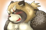 anthro blush brown_body kemono male overweight overweight_male scar solo tattoo tongue tongue_out mametanu_tanuki lifewonders tokyo_afterschool_summoners gyobu_(tas) canid canine mammal raccoon_dog tanuki 2023