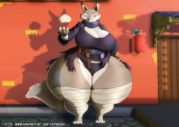 anthro big_breasts bottom_heavy breasts cleavage clothed clothing female fluffy fluffy_tail fur grey_body grey_fur huge_breasts huge_hips huge_thighs hyper hyper_hips hyper_thighs leg_wrap looking_at_viewer nipple_outline shortstack solo tail thick_thighs wide_hips xxsparcoxx dreamworks kung_fu_panda zhen_(kung_fu_panda) canid canine corsac_fox fox mammal true_fox 2025 digital_media_(artwork) hi_res