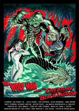 5_fingers bottomwear breasts brown_body brown_fur brown_hair claws clothed clothed_female clothed_human clothing eyebrows eyelashes female female_human feral fight finger_claws fingers fur green_body green_skin hair horror_(theme) laceration light_body light_skin lipstick makeup membrane_(anatomy) movie_poster narrowed_eyes nipple_outline one-piece_swimsuit open_mouth palm_tree partially_submerged plant red_lipstick red_text sharp_teeth small_waist standing swamp swimwear tail tail_ridge teeth text topwear torn_clothing torn_topwear tree water webbed_hands white_clothing white_swimwear white_text wounded yellow_sclera bryan_baugh creature_from_the_black_lagoon mythology universal_monsters universal_studios gill-man larry_talbot_(the_wolf_man) canid canine crocodilian devonian_fish-man human mammal monster mythological_canine mythological_creature reptile scalie werecanid werecanine werecreature werewolf 2019 digital_media_(artwork) english_text hi_res