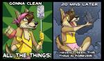 2015 anthro apron bandanna black_border border broom brown_hair canid canine cleaning cleaning_tool clothing comic english_text fangs gloves hair handwear kerchief kyma latex latex_clothing latex_gloves latex_handware latex_handwear male mammal solo teeth text the_truth