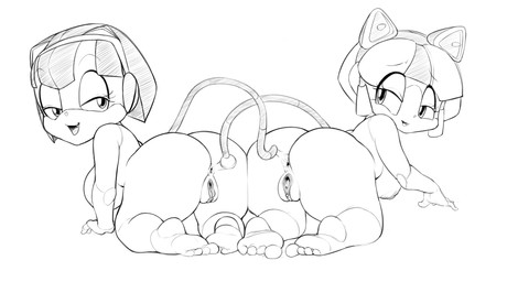 4_toes anthro anus bedroom_eyes big_butt breasts butt duo feet female female/female genitals half-closed_eyes narrowed_eyes nude open_mouth seductive smile spread_anus spreading stirrup_(marking) toes vulva gray_impact samurai_pizza_cats francine_manx polly_esther domestic_cat felid feline felis mammal greyscale monochrome source_request