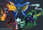 anthro chibi evolution evolutionary_family group horn male yellow_eyes eltehh bandai_namco digimon digimon_ghost_game betelgammamon ceratopsian digimon_(species) dinosaur gammamon kausgammamon ornithischian prehistoric_species reptile scalie triceratops wezengammamon absurd_res hi_res