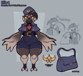 4_fingers accessory anthro bag beak belt blue_bottomwear blue_clothing blue_shorts bottomwear brown_body brown_feathers claws clothed clothed_anthro clothed_male clothing envelope eyelashes eyes_closed feather_hair feather_hands feathers fingers gradient gradient_feathers hat headgear headwear holding_envelope holding_object looking_at_viewer male male_anthro markings messenger_bag multicolored_body multicolored_feathers necktie one_eye_closed pseudo_hair red_necktie shorts solo text thick_thighs toe_claws topwear conditional_dnp welwraith eliot_(welwraith) avian bird 2026 digital_drawing_(artwork) digital_media_(artwork) english_description english_text hi_res model_sheet