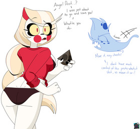 bikini bikini_bottom bikini_top breasts clothing daemon_ritus dialogue female male possession swimwear text two-piece_swimsuit dezzy_draws hazbin_hotel hellaverse scooby-doo:the_movie angel_dust charlie_morningstar demon ghost humanoid spirit absurd_res digital_media_(artwork) english_text hi_res