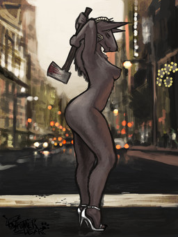 anthro axe biped black_nose blood blood_on_weapon bodily_fluids breasts brown_body brown_fur clothing crossgender curved_horn female footwear footwear_only fur grey_sky high_heels high_heels_only holding_axe holding_object holding_weapon horn melee_weapon mostly_nude nude painted_background raised_arms shoes side_view sky solo street weapon sligarthetiger ehru_(sligarthetiger) canid canine canis hybrid mammal suveghn wolf 2012 3:4 digital_media_(artwork) signature