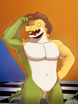 anthro blue_wall candy checkered checkered_floor clothing dessert detailed_background food green_body gummy_(food) hand_on_hat happy hat headgear headwear male multicolored_body muscular navel orange_wall pecs shadow smile smiling_at_viewer solo tongue white_body white_eyes yellow_body dibujugador glitch_productions the_amazing_digital_circus gummigoo_(tadc) crocodile crocodilian food_creature gummy_creature living_candy reptile scalie 3:4 absurd_res hi_res