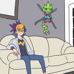 ambiguous_gender anthro blep detailed_background duo eyewear furniture glasses green_body humor inside male sitting sofa tape taped_to_wall tongue tongue_out owlscribbles baby_taped_to_wall bandai_namco digimon digimon_beatbreak tomoro_tenma digimon_(species) gekkomon human mammal scalie 1:1 hi_res meme