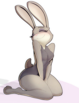 3_toes anthro barefoot blush breasts clothing eyebrows eyelashes eyes_closed feet female fur grey_body grey_fur kneeling paws smile solo toes white_body white_fur doylecoati disney zootopia judy_hopps european_rabbit lagomorph leporid mammal oryctolagus rabbit 2025 absurd_res hi_res