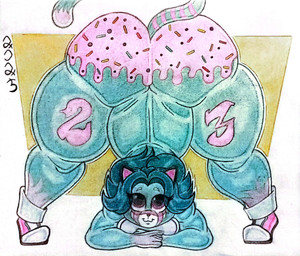 abstract_background anthro ass_up big_butt birthday blue_hair body_writing butt cake clothing dessert food food_fetish food_play footwear footwear_only frosting frosting_on_butt fur hair huge_butt jack-o'_pose looking_up male markings mostly_nude pose shoes shoes_only solo sprinkles striped_markings striped_tail stripes tail tail_markings teal_body teal_fur thick_thighs mitsumichi domestic_cat felid feline felis mammal 2025 colored_pencil_(artwork) dated hi_res traditional_media_(artwork)