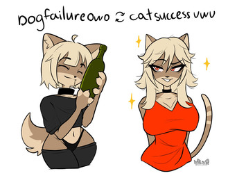 alternate_species anthro big_breasts bodily_fluids breasts clothing drooling female flat_chested grin huge_breasts legwear panties saliva simple_background smile solo thigh_highs underwear white_background wine_bottle dogfailureowo hana_(dogfailureowo) canid canine canis domestic_cat domestic_dog felid feline felis mammal hi_res meme