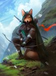 anthro arrow_(weapon) biped black_hair black_nose blue_sky bow_(weapon) brown_clothing brown_topwear cape clothed clothing day fog front_view fur grass green_cape green_clothing hair holding_bow_(weapon) holding_object holding_ranged_weapon holding_weapon kneeling looking_at_viewer male mouth_closed orange_body orange_eyes orange_fur outside plant quiver_(object) ranged_weapon sky solo topwear weapon marie_merkh microsoft the_elder_scrolls the_elder_scrolls_online canid canine fox lilmothiit mammal absurd_res artist_name full-length_portrait hi_res portrait